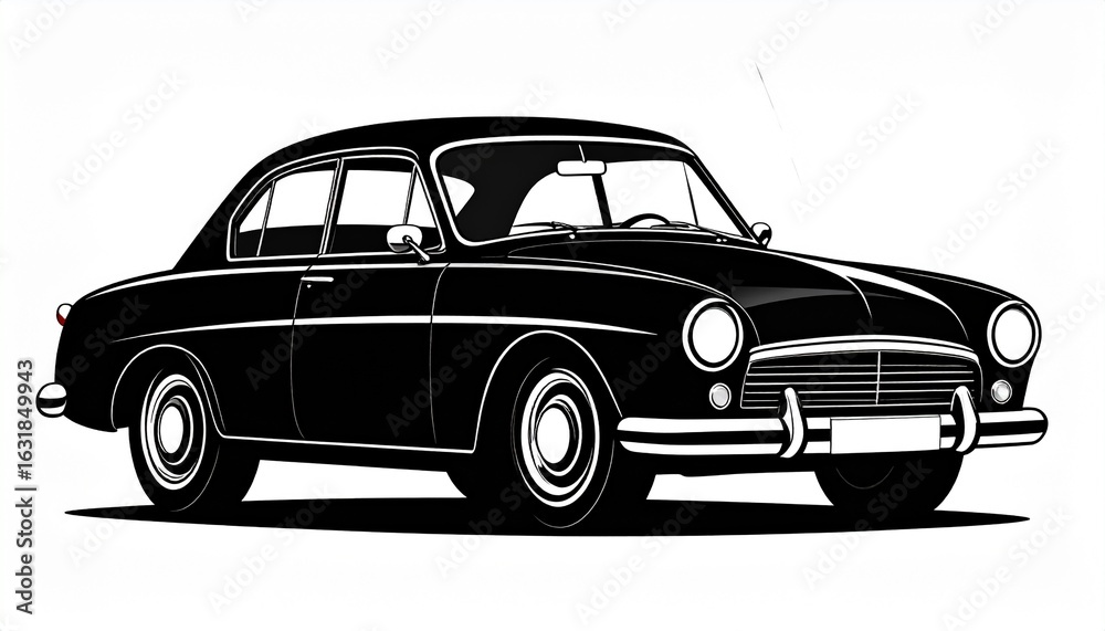 Naklejka premium Vector silhouette of a classic sedan car in black on white, clean and minimal style ideal for a car-related logo or branding concept. 