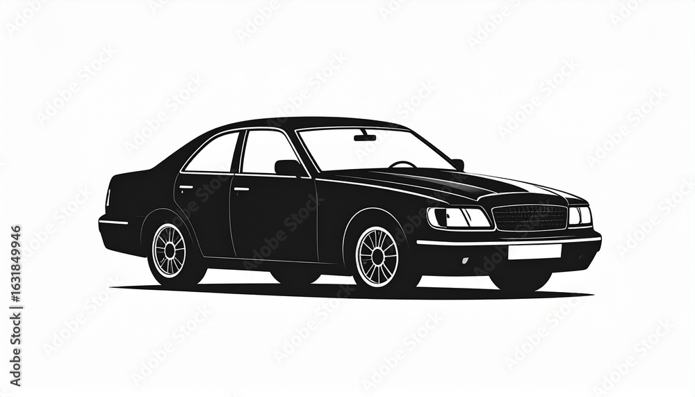 Fototapeta premium Vector silhouette of a classic sedan car in black on white, clean and minimal style ideal for a car-related logo or branding concept.