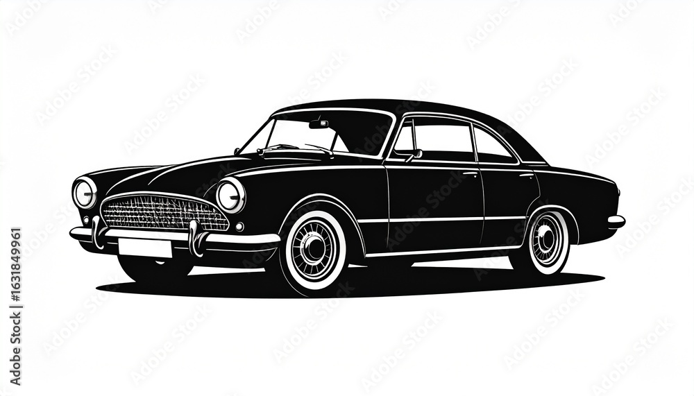 Obraz premium Vector silhouette of a classic sedan car in black on white, clean and minimal style ideal for a car-related logo or branding concept. 