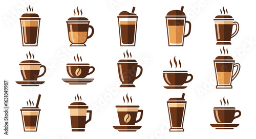 Collection of various coffee drinks in different cups and glasses, including lattes, cappuccinos, macchiatos, and espressos, ideal for cafe menus or coffee shop branding.