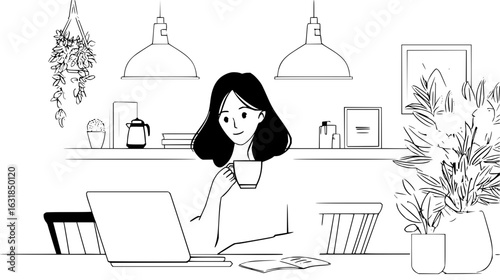 Illustration of a woman working on a laptop while drinking coffee in a room with plants and shelves