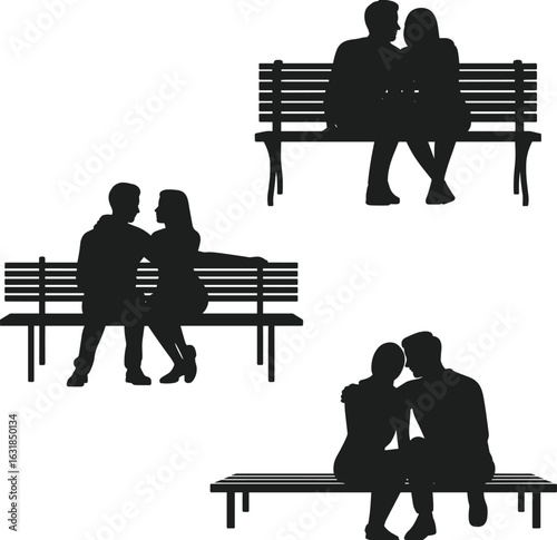 Romantic couple sitting on park bench in love, flat vector silhouette illustration, relationship, dating, affectionate moment, peaceful background scene