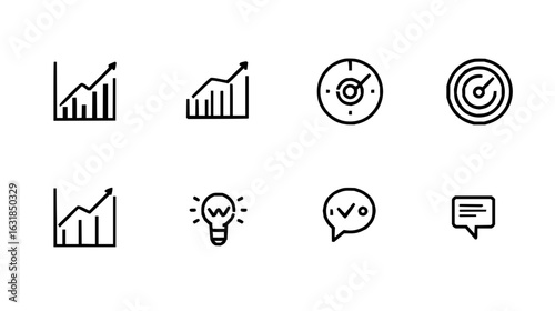 Collection of business icons showing graphs clocks target lightbulb and speech bubble in black outline style