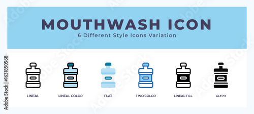 Mouthwash icon set with different styles. Design elements for logo. Vector illustration.