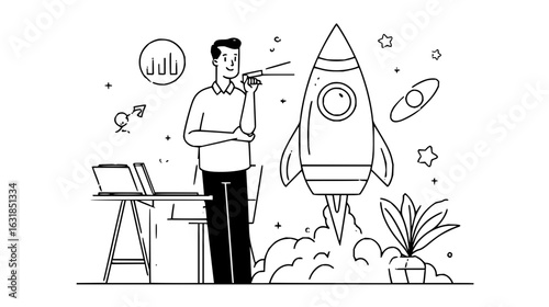 Man standing next to a desk with laptops and a rocket launching with stars and planets around it