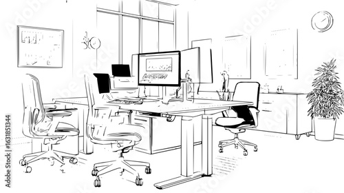 Line drawing of a modern office space with desks chairs computers and a potted plant in monochrome style