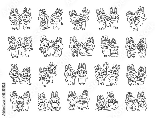 Charming bunny couple character set in outline line art featuring hugs, different poses, holding heart, balloons, flower, ice cream, takeaway cups, gift book, and cookies