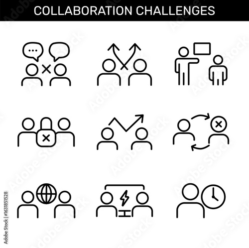 Collaboration challenges icon set. Outline icons for teamwork problems: miscommunication, conflicting goals, poor feedback, access denial, conflict, trust issues, language barrier, time zones