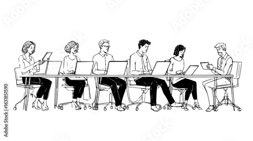 Group of people sitting at a long table working on laptops and tablets in a monochrome illustration