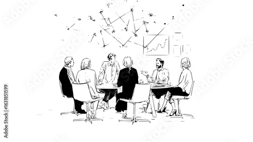 People are sitting around a table in a meeting with a graph and abstract lines above their heads drawing