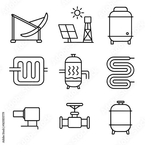 Solar Thermal Components Icons. Outline style icon of Solar Thermal CSP Systems: parabolic trough, heliostat mirror, central
