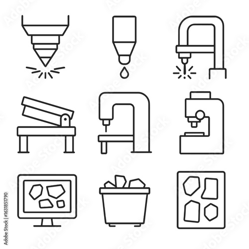 Cutting Tools Icons. Outline style icon of Cutting & Shearing Operations: laser cutter head, waterjet nozzle, plasma torch,