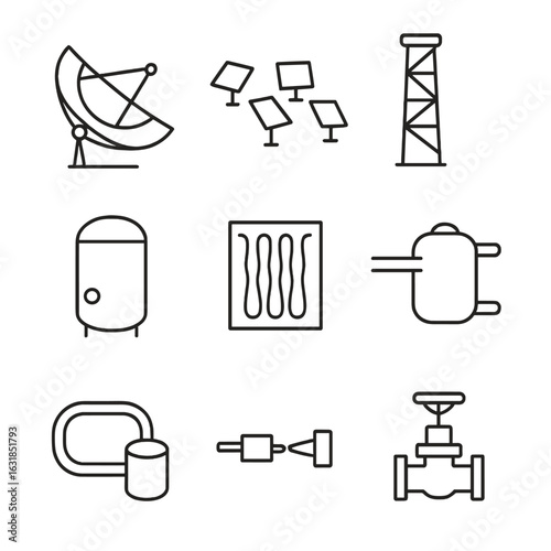 Solar Thermal Components Icons. Outline style icon of Solar Thermal CSP Systems: parabolic trough, heliostat mirror, central