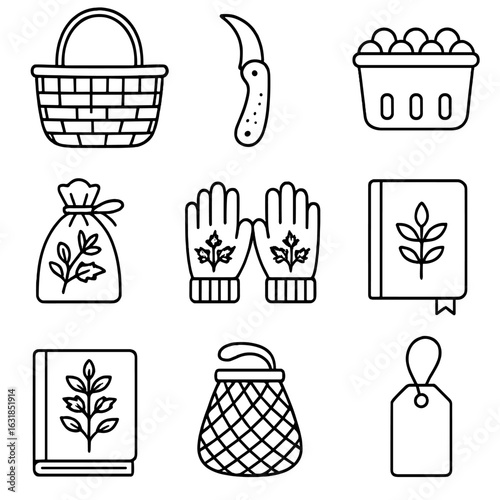 Forest Foraging Icon. Outline style icon of Forest Foraging Basket: wicker basket, mushroom knife, berry box, herb sachet, nettle