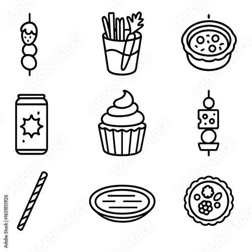 Garden Party Snacks. Outline style icon of Garden Party Snacks: fruit skewer, veggie dip cup, mini quiche, sparkling water,