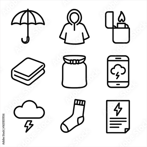 Weather Gear Icons. Outline style icon of Weather-Ready Gear: compact umbrella, rain poncho, windproof lighter, microfiber towel,