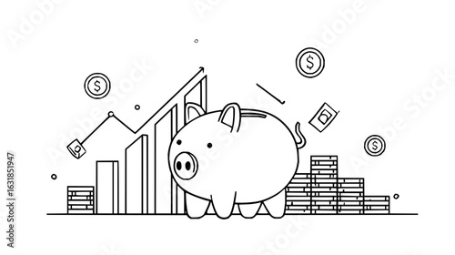Illustration of a piggy bank with coins and a rising graph indicating financial growth and savings plan
