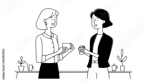 Two women in business attire exchanging a card and a coffee cup in a minimalist line drawing style