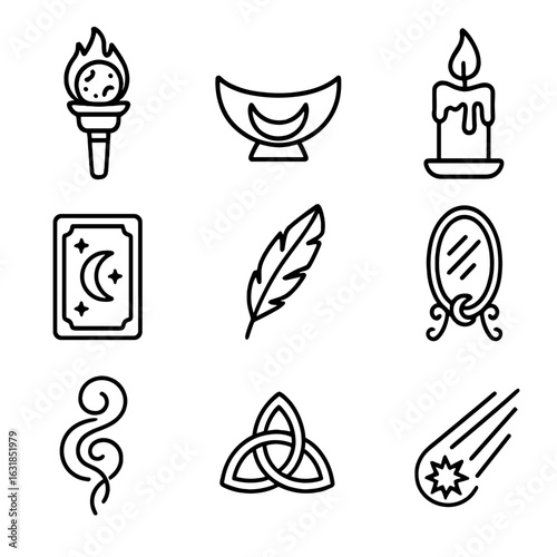 Mystical Icon Ensemble. Outline style icon of Prophecy & Moon Omens: blood moon torch, crescent oracle bowl, dripping candle,