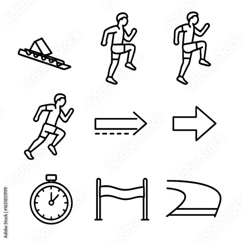 Track Sprint Icons. Outline style icon of Track Sprint Drills: starting block, A-skip, B-skip, stride out, build-up run,