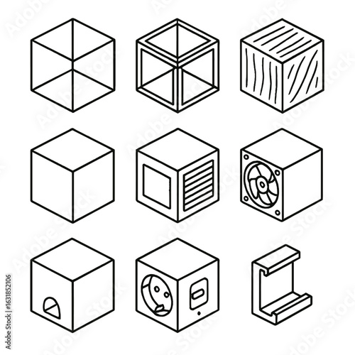 Modular Cube Icons. Outline style icons of Modular Cube: transparent acrylic cube, metal grid cube, wood veneer cube, color face