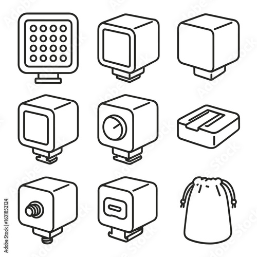 Modular Cube Icons. Outline style icons of Modular Cube: photography light cube, softbox diffuser cube, color gel face cube, mount