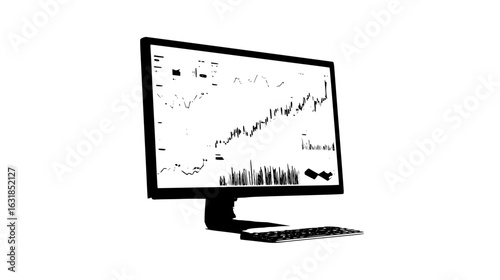 Illustration of a computer screen displaying charts and graphs with a keyboard in black and white style