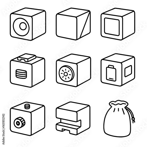Modular Cube Icons. Outline style icons of Modular Cube: photography light cube, softbox diffuser cube, color gel face cube, mount