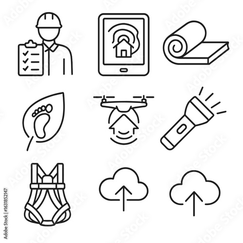 Mobile Workforce Icons. Outline style icons of Mobile Workforce: energy auditor clipboard, thermal camera tablet, insulation icon,