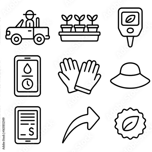 Mobile Workforce Icons. Outline style icons of Mobile Workforce: gardener pickup truck, plant tray icon, soil tester probe,