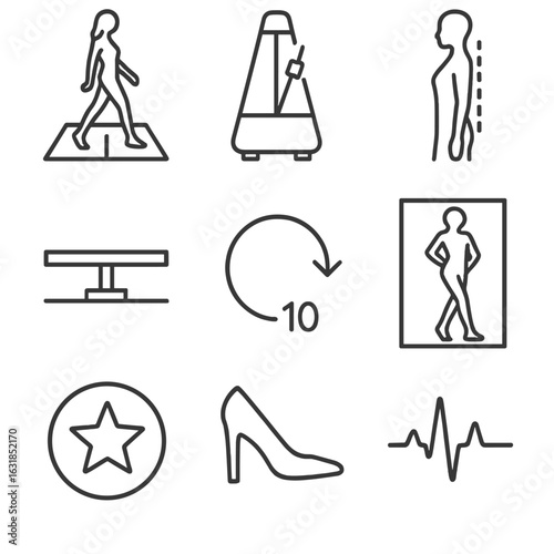 Model Casting Icons. Outline style icons of Model Casting: catwalk practice track, metronome tempo click, walking posture guide,