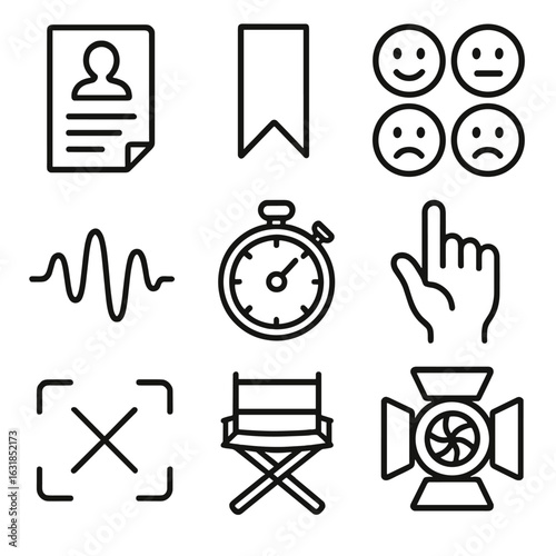 Model Casting Icons. Outline style icons of Model Casting: commercial audition script, cue line bookmark, expression emoji grid,