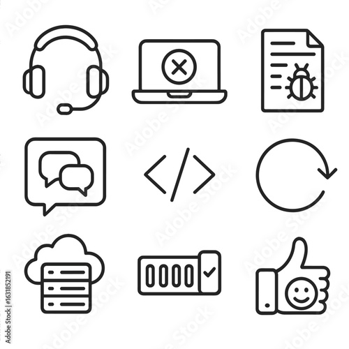 Mobile Workforce Icons. Outline style icons of Mobile Workforce: remote support headset, laptop diagnostics screen, bug ticket