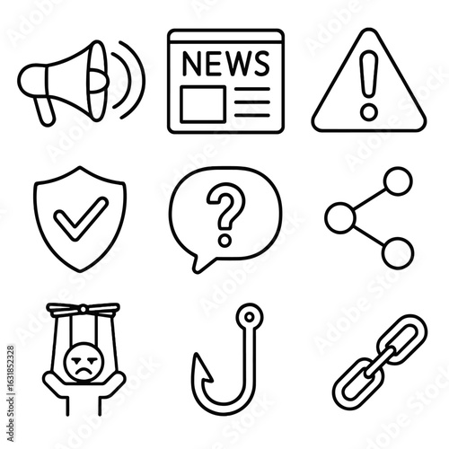 Misinformation Icons Collection. Outline style icons of Misinformation: rumor megaphone, fake news headline, warning exclamation