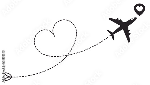 "Airplane Flying with Heart-Shaped Trail – Romantic Travel and Honeymoon Trip Icon | Vector Illustration on Transparent Background"