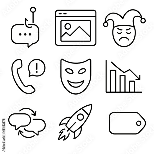 Misinformation Icons Outline. Outline style icons of Misinformation: narrative hijack hook, selective screenshot frame, satire