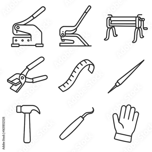Metalworking Tool Icons. Outline style icons of Metalworking Tool: sheet metal shear, brake press lever, slip roll machine, hand