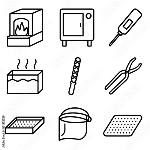 Metalworking Tool Icons. Outline style icons of Metalworking Tool: hardening furnace, tempering oven, pyrometer probe, oil quench