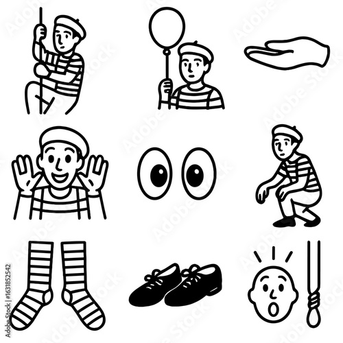 Mime Performance Icons. Outline style icons of Mime: balloon rope climb, helium balloon knot, floating hand grip, delighted eyes,