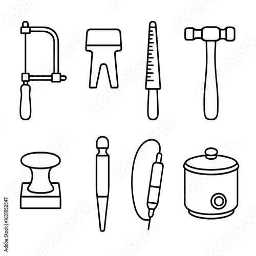 Metalworking Tools Icons. Outline style icons of Metalworking Tool: jeweler’s saw frame, bench pin, ring mandrel, chasing hammer,