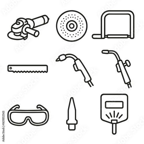 Metalworking Tool Icons. Outline style icons of Metalworking Tool: angle grinder, abrasive cutoff wheel, hacksaw frame, bi-metal