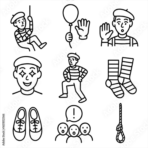 Mime Performance Icons. Outline style icons of Mime: balloon rope climb, helium balloon knot, floating hand grip, delighted eyes,
