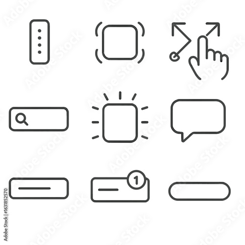 Microinteraction Outline Icons. Outline style icons of Microinteraction: drag-and-drop handle, item haptic buzz wave, pinch-zoom