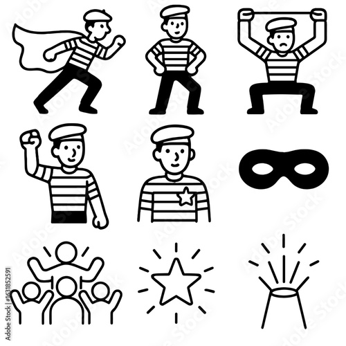 Heroic Mime Icons. Outline style icons of Mime: heroic cape flutter, power stance leg, invisible weight lift, triumphant fist pump