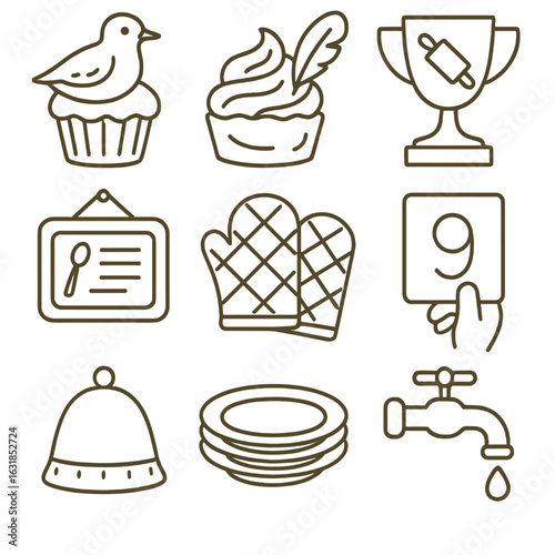 Migration Festival Icons. Outline style icons of Migration Festival: golden plover cupcake, icing feather swirl, bake-off trophy,