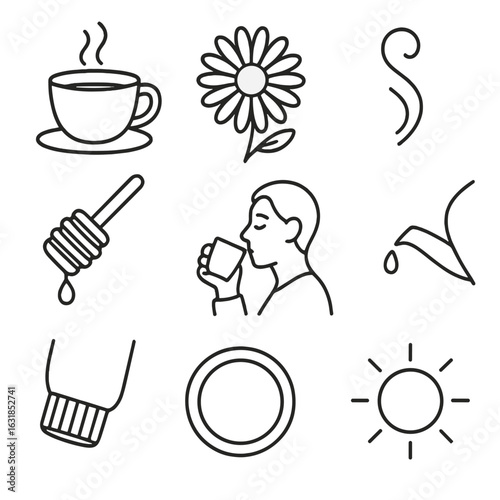 Mental Recovery Icons. Outline style icons of Mental Recovery: herbal tea cup, chamomile flower bloom, steam aroma swirl, honey