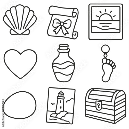 Wedding Memory Icons. Outline style icons of Memory Keepsakes: beach wedding shell, vow ribbon scroll, sunset photo acrylic, sea