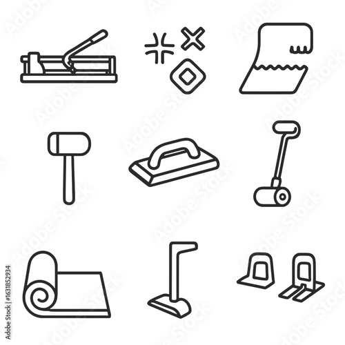Floor Installation Tools Icons. Line style icons of floor installation tools: tile cutter, spacers, adhesive trowel, rubber mallet