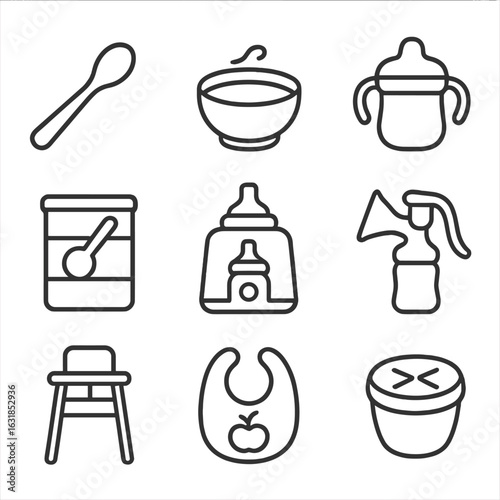 Baby Feeding Icons. Line style icons of baby feeding tools: spoon, baby bowl, sippy cup, formula can, bottle warmer, breast pump,