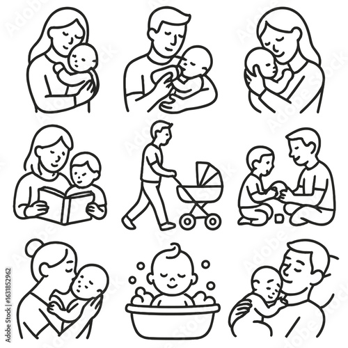 Parenting Icons Collection. Line style icons of parenting moments: mom holding baby, dad feeding baby, baby cuddle, parent reading